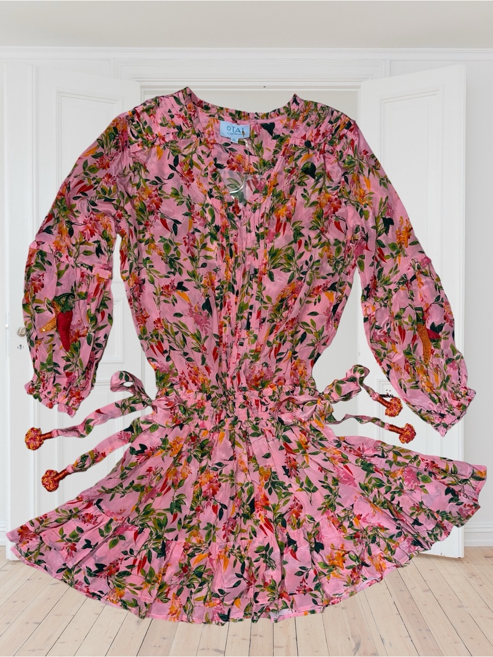 🆕#303~TAJ by Sabrina Crippa Pink Floral Mini Dress/Beaded Tassels, Sm